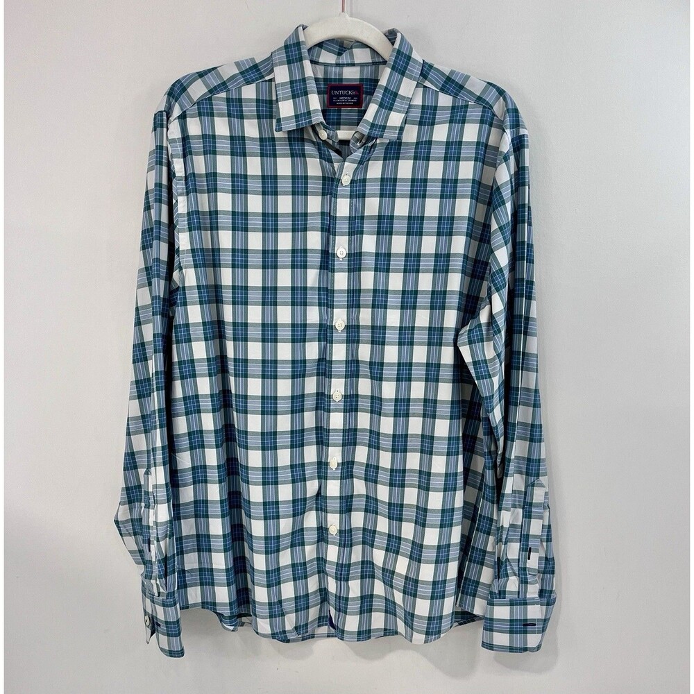 UNTUCKit Men’s Plaid Button Down Shirt Long Sleeve Green Blue White Casual